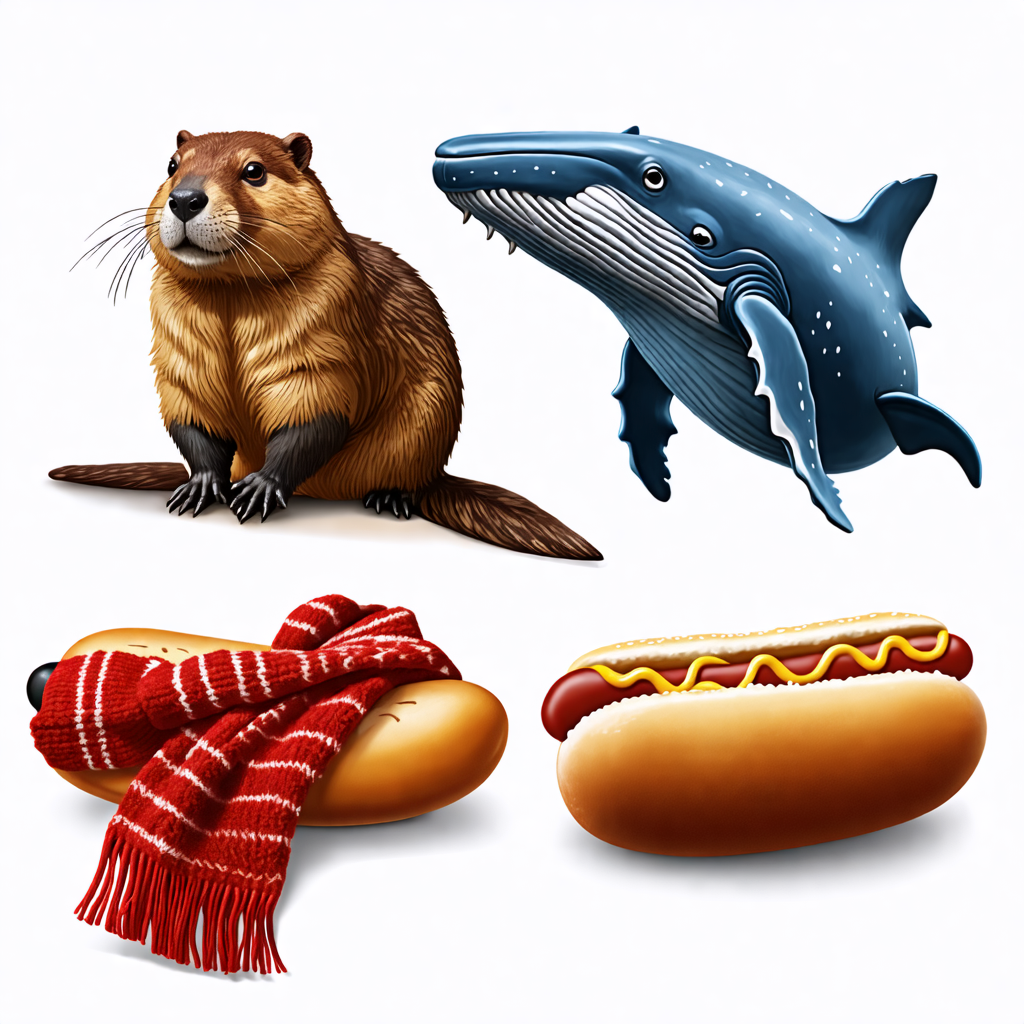 beaver, whale, hot dog, scarf